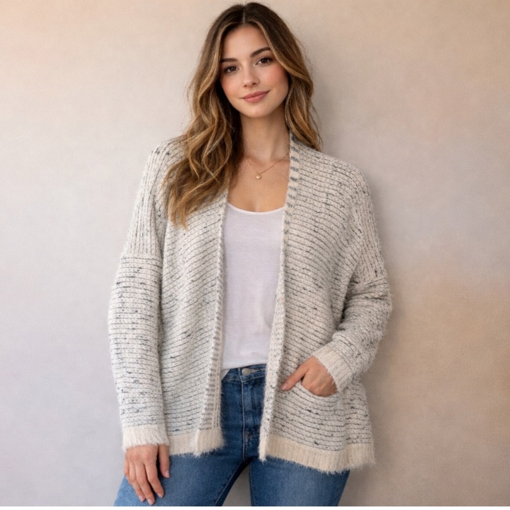 Sioni Open-Front Knit Cardigan in Cream Speckle